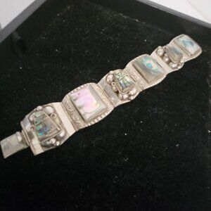 Signed AR Mexico 1940s Bracelet of Sterling and Rainbow Abalone Shell, Taxco Hec